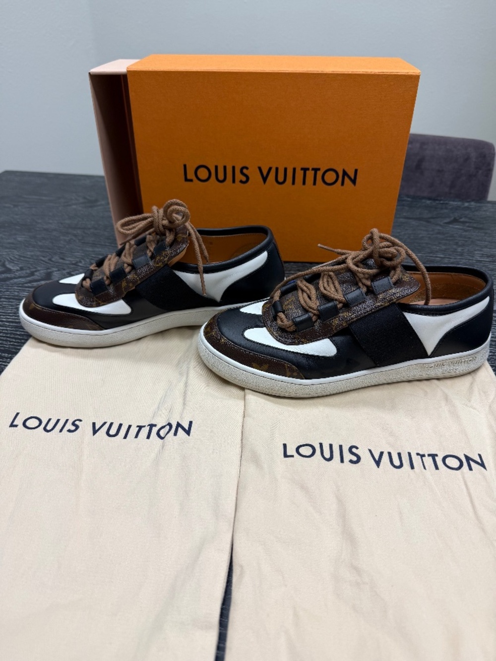 LOUIS VUITTON Lous Sneakers 'Black with Brown Monogram Deco'